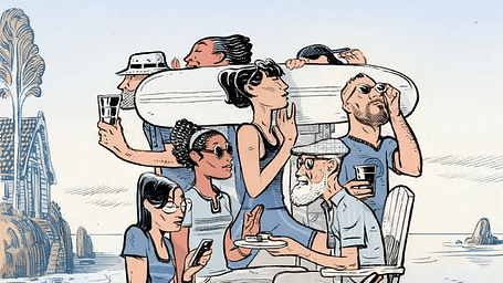 An animated image of a family on the beach side 
